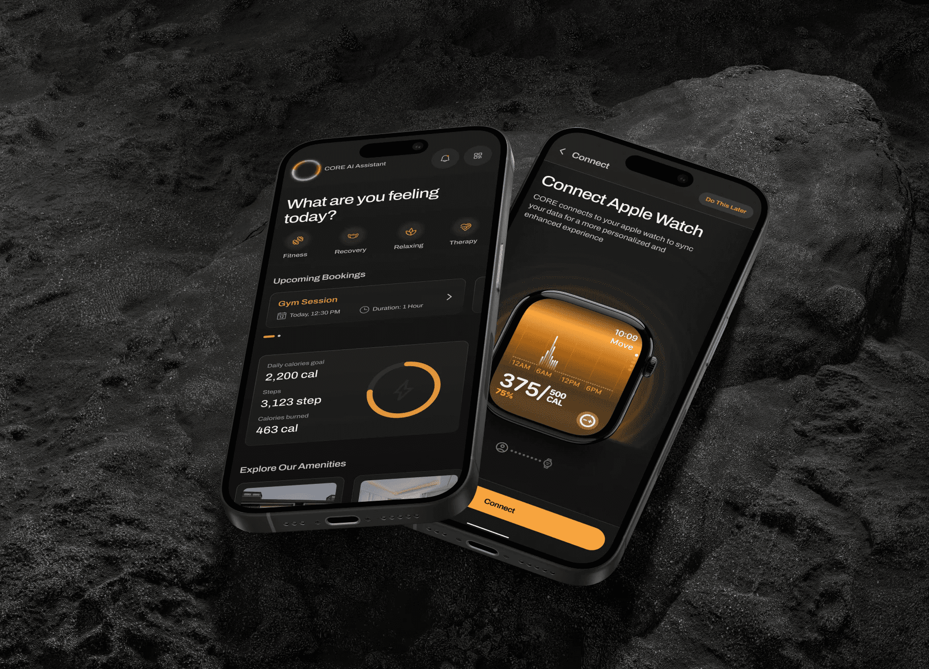 CORE mobile wellness app screens on a dark rocky surface.